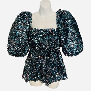 NEW THN The Hippie Nerd Sequin Disco Glam Party Puff Sleeve Shirt Size XL